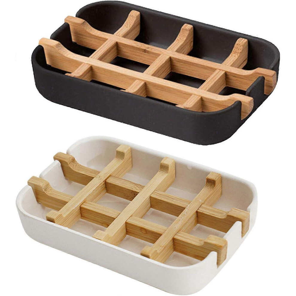 (As show, One size) 2 Pack Soap Dish for Shower, Soap Dishes Soap Savers,Durable Bamboo Soap Dish with Drip Tray for Bathroom Soap (Black + White)-image-OPC-PHN9X5X-NEW
