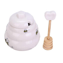 (As show, One size) Ceramic Honey Pot with Wooden DipperPorcelain Honey Jar with Lid and Honey Stick,Ceramic Honey pot