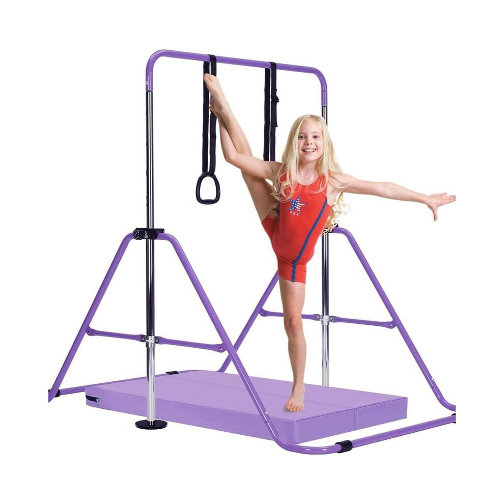(Purple) Adjustable Gymnastics Bar with Mat, Grips, Wristbands & Ground Nails – Training Kip Bar for Kids at Home, Height Adjustable from 31.5" to 51