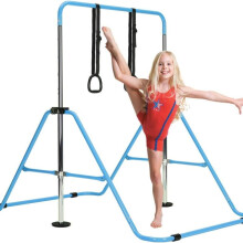(Blue) Adjustable Gymnastics Bar with Mat, Grips, Wristbands & Ground Nails – Training Kip Bar for Kids at Home, Height Adjustable from 31.5" to 51"