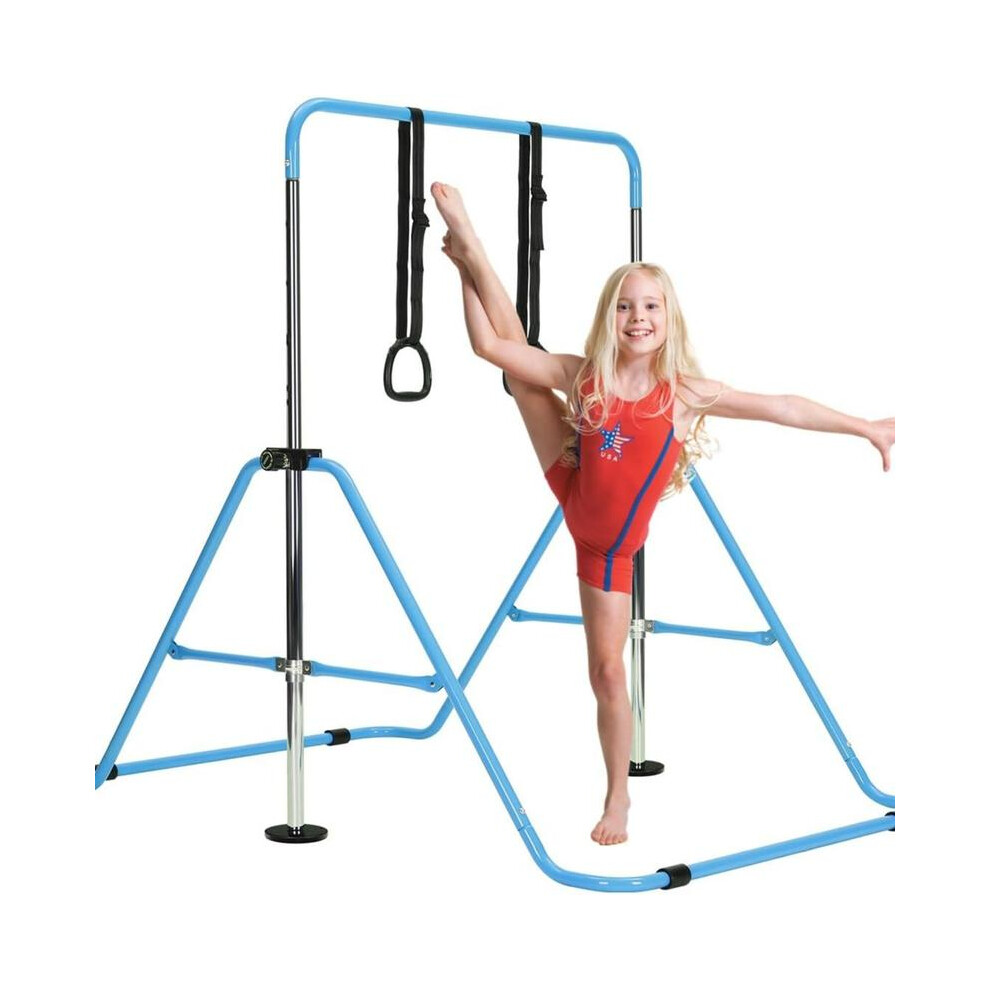 (Blue) Adjustable Gymnastics Bar with Mat, Grips, Wristbands & Ground Nails – Training Kip Bar for Kids at Home, Height Adjustable from 31.5" to 51"