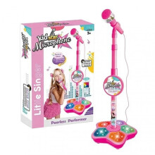 (Pink) Kids Karaoke Machine with Microphones and Adjustable Stand, Music Sing Along with Flashing Stage Lights and Pedals for Fun Musical Effect