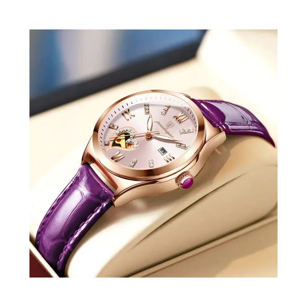 (Yn320 Leather) Women Watches Fashion Leather Ladies Watch Waterproof Quartz Date Wristwatch Purple