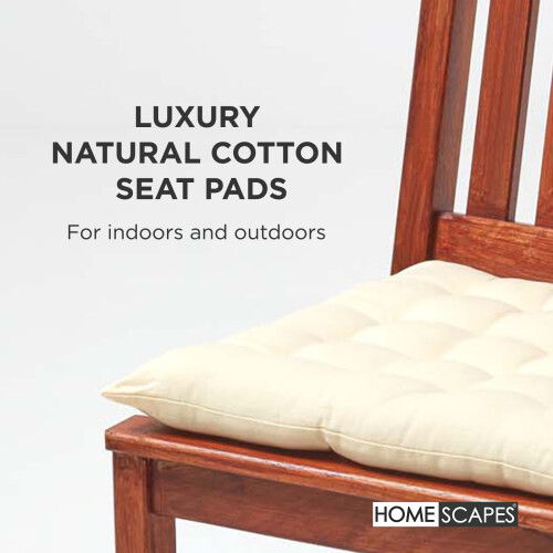 Homescapes (Set of 4, Cream) Plain Seat Pad with Button Straps 100% Cotton 2