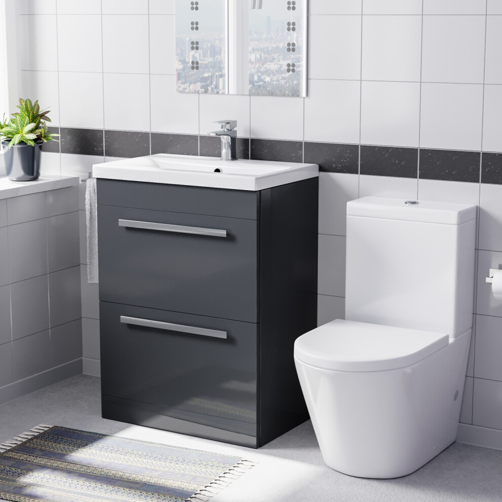 Nes Home Dark Grey 600mm 2 Drawer Vanity Basin Unit & Close Coupled Toilet