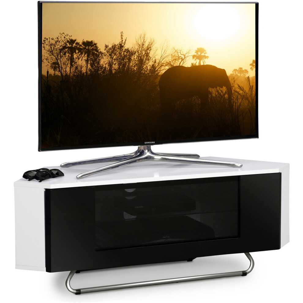 Centurion Supports Hampshire Corner-Friendly Gloss White with Black Beam-Thru Remote Friendly Door 26"-50" TV Cabinet