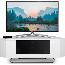 Homeology Hampshire Corner-Friendly Gloss White with Black Glass Beam-Thru Remote Friendly Door 26"-50" Flat Screen TV Cabinet