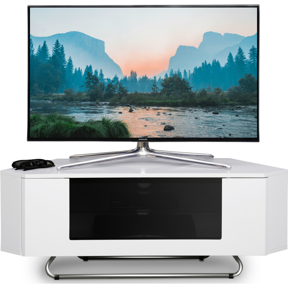 Homeology Hampshire Corner-Friendly Gloss White With Black Glass Beam-Thru Remote Friendly Door 26"-50" Flat Screen Tv Cabinet
