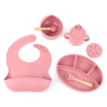(Dark Red, Multicolor) ZP0121 7Pcs Silicone Baby Feeding Set Toddler Self Feeding Dish Set (BPA Free / FDA Certificated) -