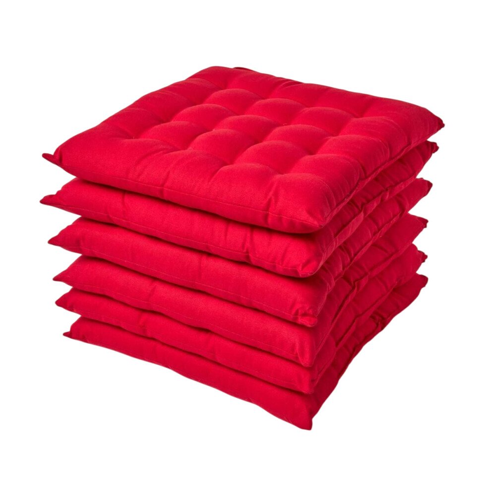 Homescapes (Set Of 6, Red) Plain Seat Pad With Button Straps 100% Cotton
