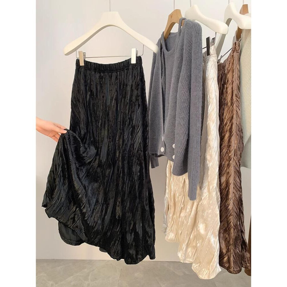 (Large, black) Elegant Velvet Pleated A-line Skirt: Women's 2024 Spring/autumn Casual Long Skirt With Age-reducing Design