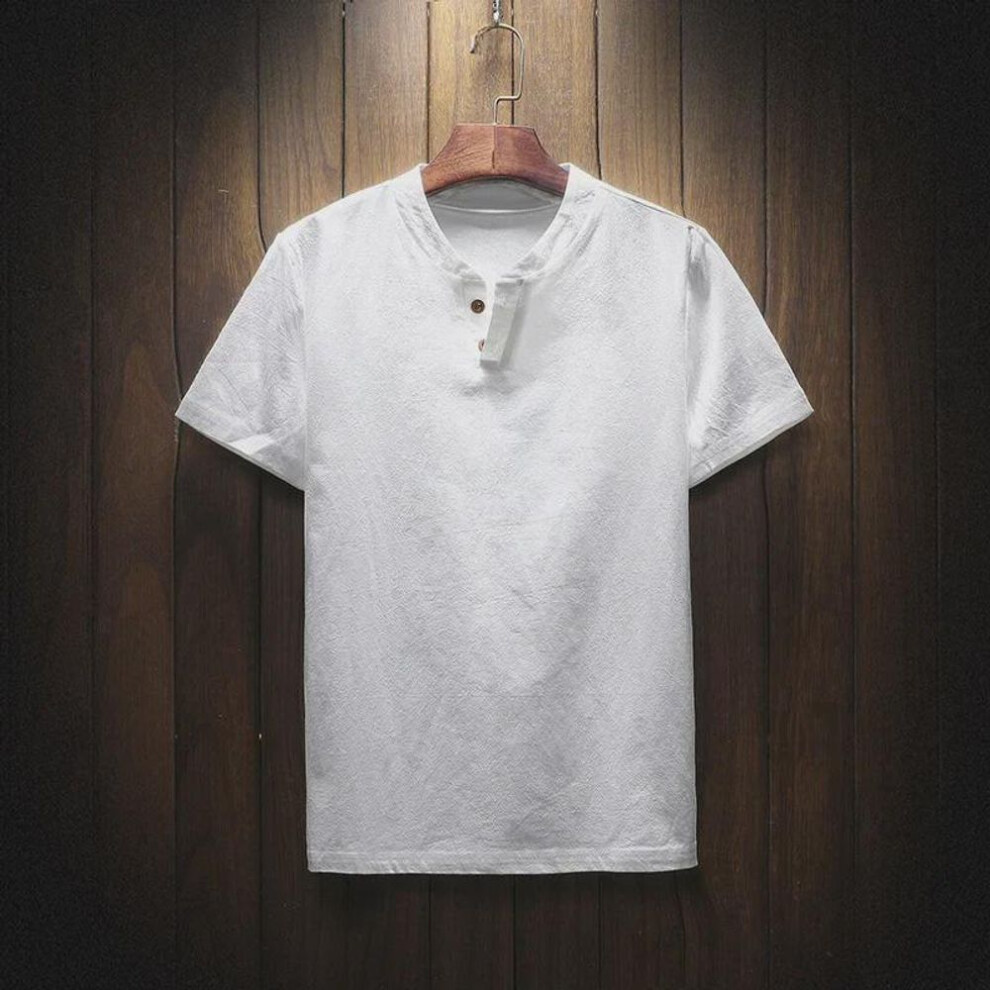 (white, 5XL ~165 jin) Men's Summer Linen-cotton V-neck T-shirt - Loose, Breathable, Solid Color, Short-sleeve