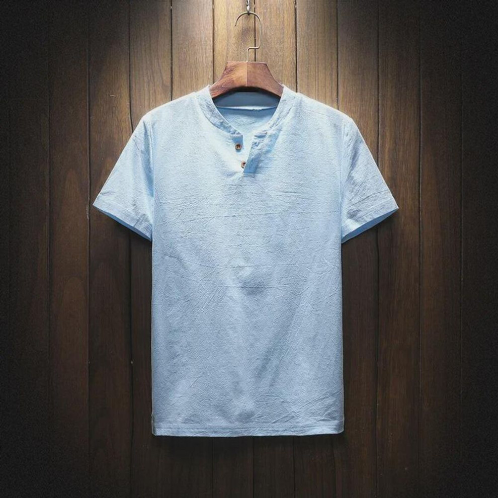(sky blue, 3XL ~140 jin) Men's Summer Linen-cotton V-neck T-shirt - Loose, Breathable, Solid Color, Short-sleeve