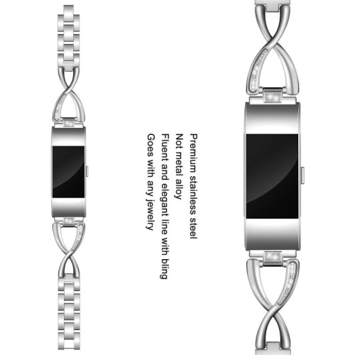 (Style E Fitbit Charge 2, Silver) Diamond Decor Zinc Alloy Chain Watch Strap for Fitbit Charge 2 2