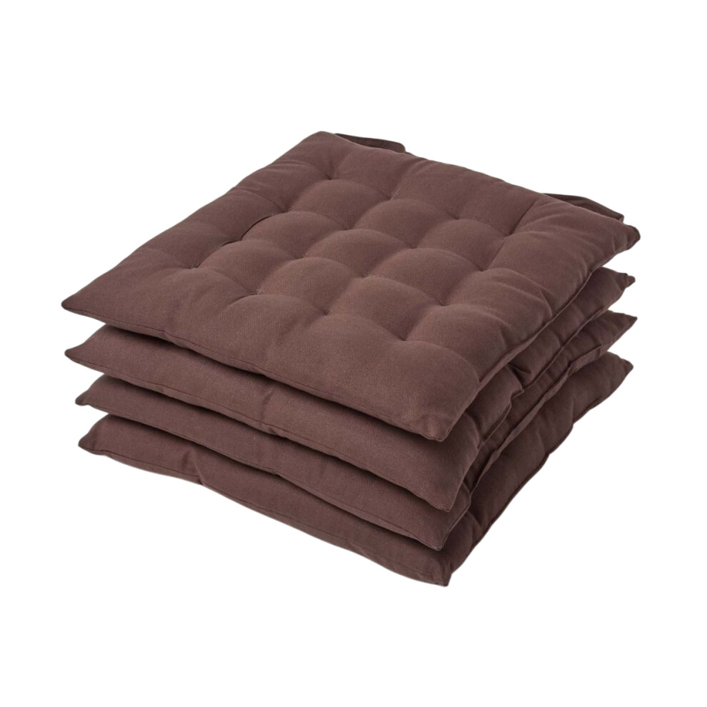 Homescapes Brown Seat Pads for Dining Chair, Set of 4 100% Cotton Chair Pads with Straps, 40x40 cm