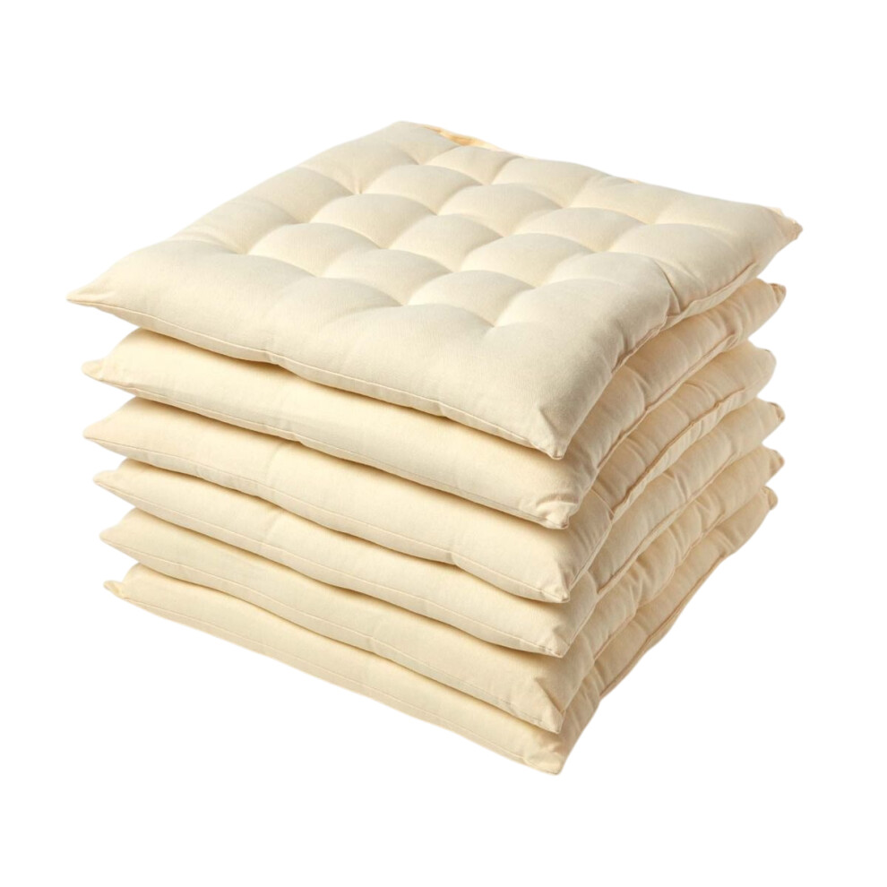 Homescapes Cream Seat Pads for Dining Chair, Set of 6 100% Cotton Chair Pads with Straps, 40x40 cm