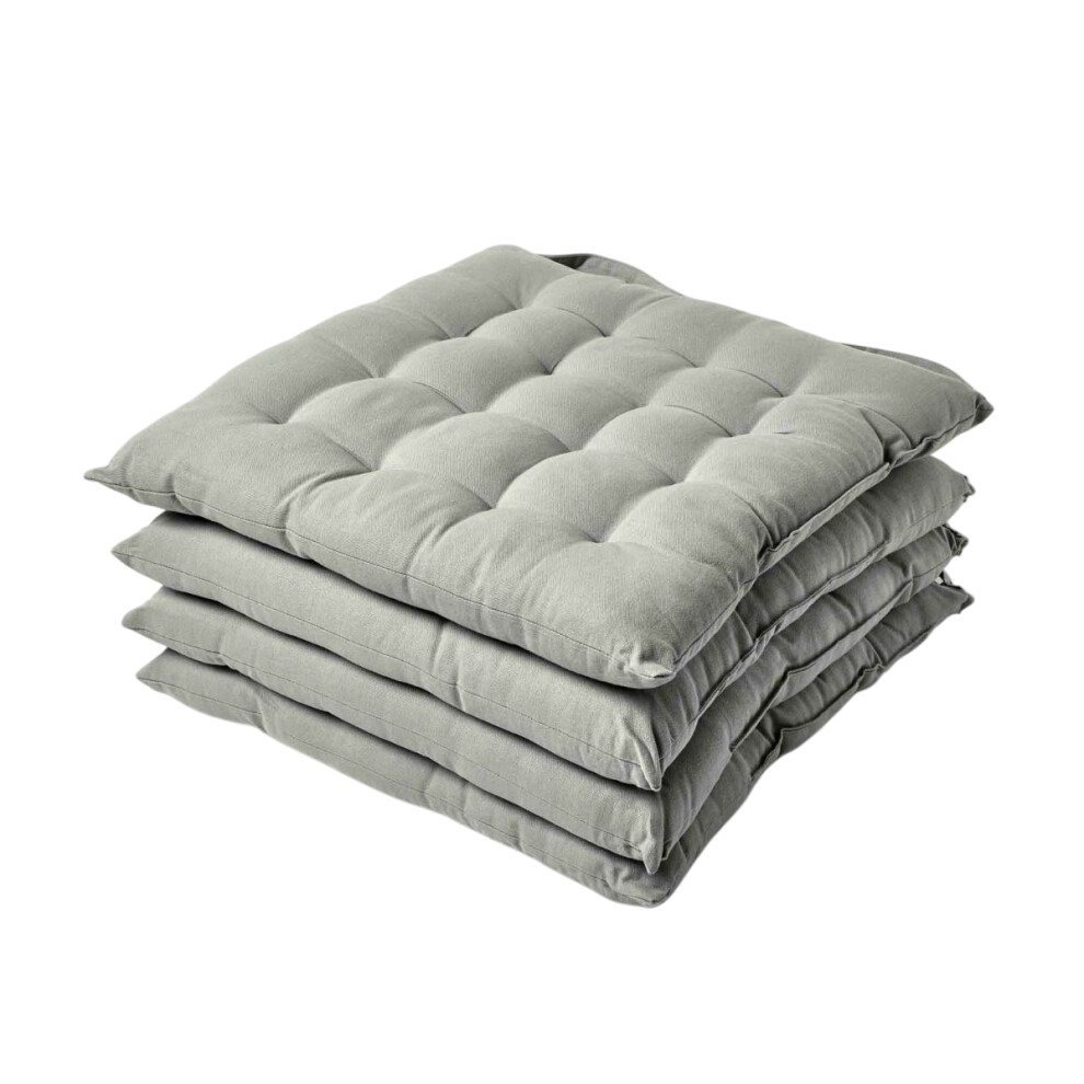 Grey Plain Seat Pad with Straps 100% Cotton 40 x 40 cm, Set of 4