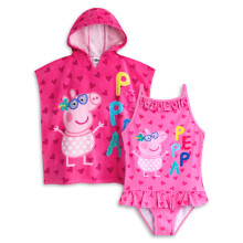 (4-5 Years) Peppa Pig Girls Swimsuit & One Size Hooded Towel Poncho | Kids Pink Character Towelling Robe | Peppa Pig TV Show Gift For Children