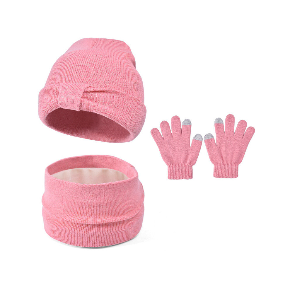 (Watermelon Red) Children Solid Color Winter Warm Knitted Hat Scarf Gloves Piece Set Three-image-OPC-PHNCCQR-NEW