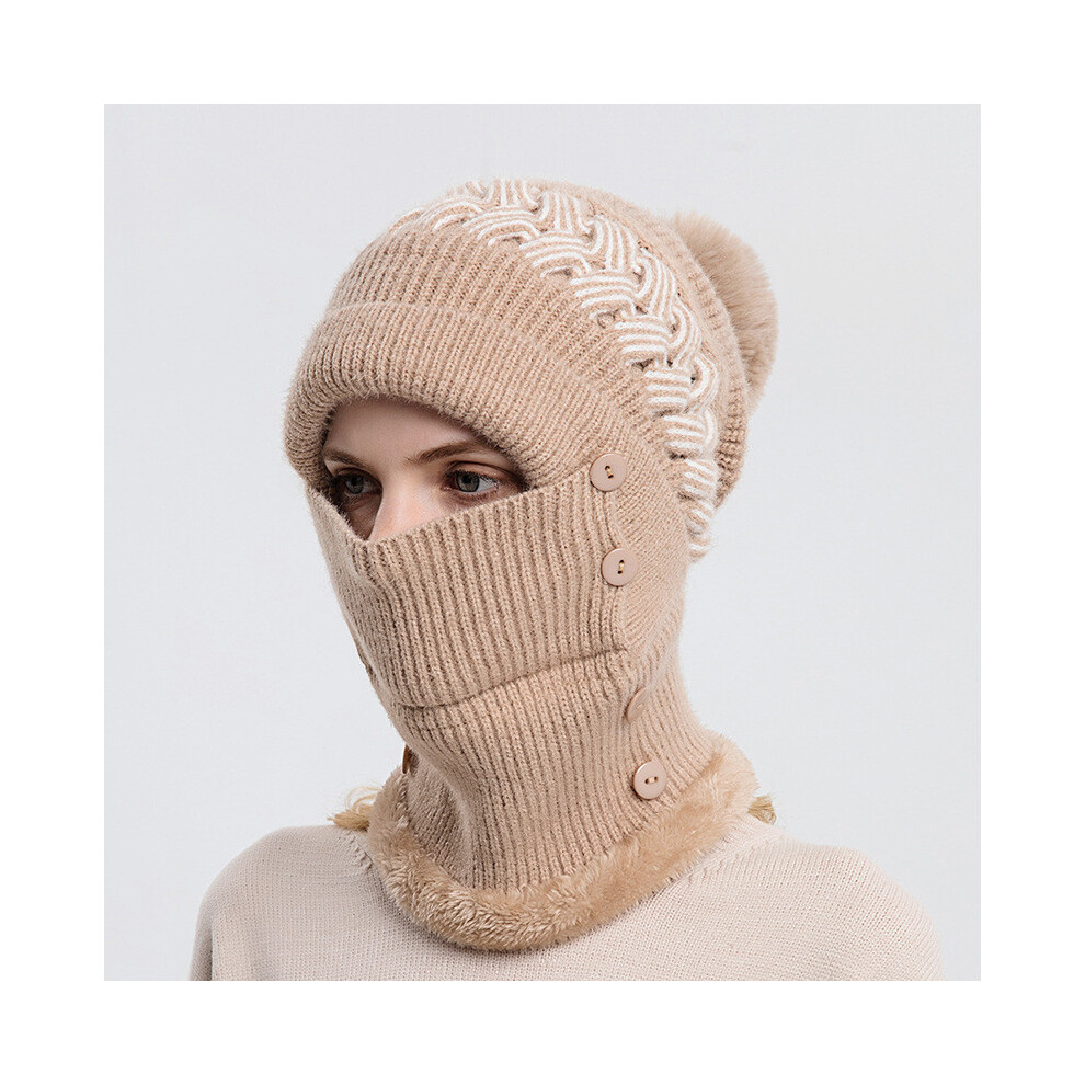 (Khaki) Women Pattern Striped Knit Beanie Hat Scarf Windproof Outdoor Gift Winter Cap-image-OPC-PHNCMJZ-NEW