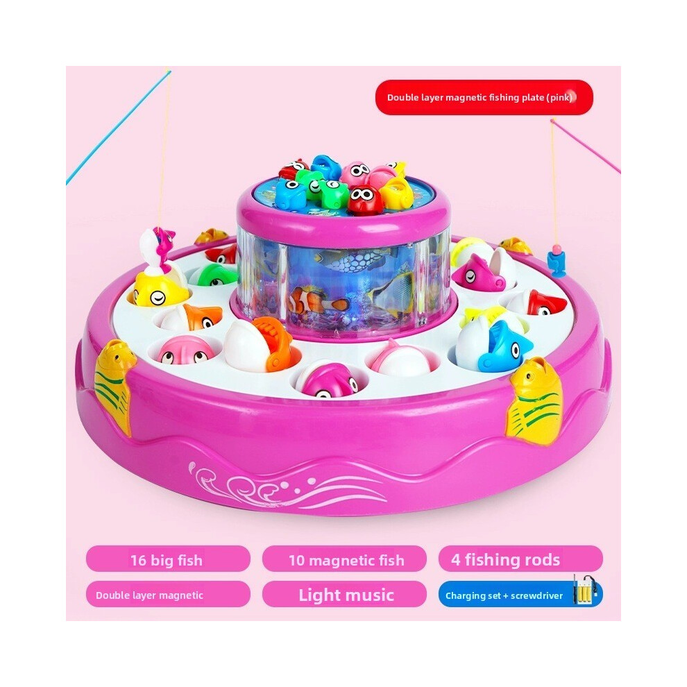(Pink) Fishing Magnetic Puzzle Toy Children Sound Effects Rechargeable Gift Early Doll