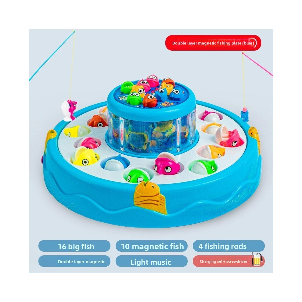 (Blue) Fishing Magnetic Puzzle Toy Children Sound Effects Rechargeable Gift Early Doll