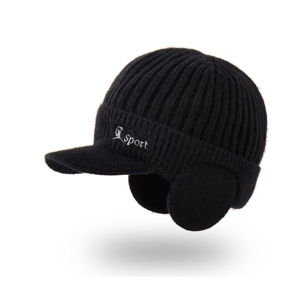 (Black)Casquette tricotée chaude homme broderie lettre avec protection oreille et doublure peluche