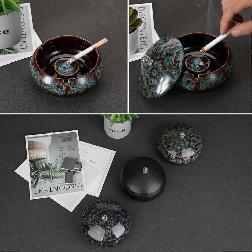 (As show, One size) Ceramic Ashtray with Lids,Windproof,Cigarette Ashtray for Indoor 1