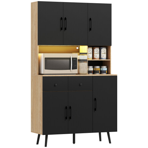 Homcom HOMCOM Tall Kitchen Cupboard with LED Lights and Adjustable Shelves, Oak 1