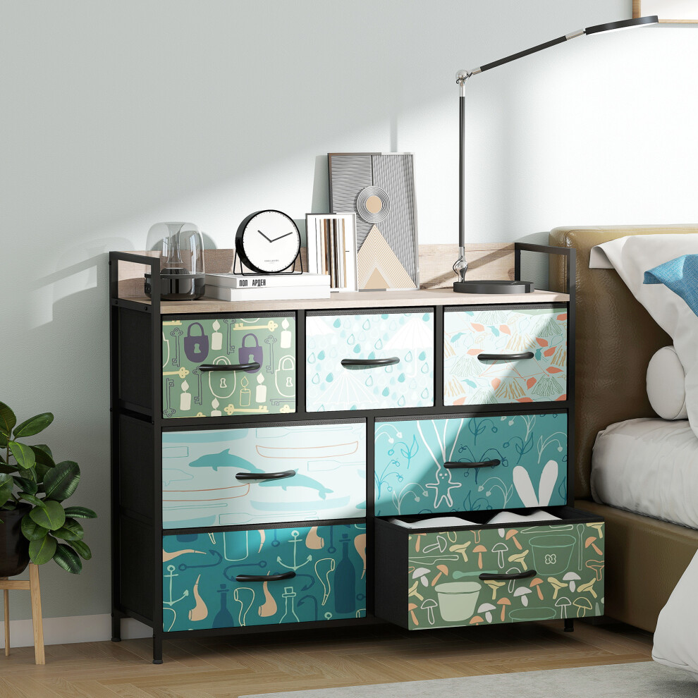 HOMCOM 7-Drawer Chest of Drawers, Fabric Dresser with Open Shelf, Blue