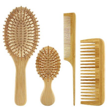 (As show, One size) 4 Piece Bamboo Hair Brush And Comb Set With Paddle Detangling Hairbrush Natural Wide-tooth And Tail Comb No Bris