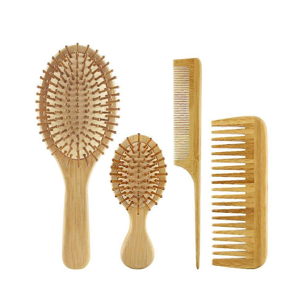 (As Show, One Size) 4 Piece Bamboo Hair Brush And Comb Set With Paddle Detangling Hairbrush Natural Wide-Tooth And Tail Comb No Bris 4702433039102
