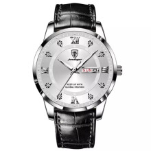 (Silver White) Men's Watches Date Wrist Watch Waterproof Man Luxury Leather Luminous Wristwatch Hot
