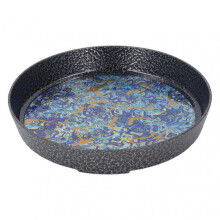 Small Tea Tray Complex Pattern Round Alloy Decorative Tea Serving Tray for Home Patio Porch Deck Blue