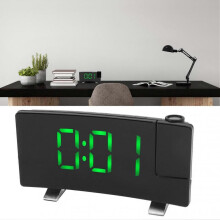 Radio Projection Alarm Clock LED Display Electronic Clock Curved Screen Digital Alarm Clock Black Body Green Letters