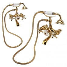 Antique Brass Shower System Wall Mounted Brass Handheld Shower Sprayer with Cross Handle Bathtub Faucet Fixture Set Gold