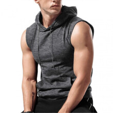 Men Hooded Tank Top Drawstring Front Pocket Pure Color Sports Sleeveless Running Shirts Dark Gray L