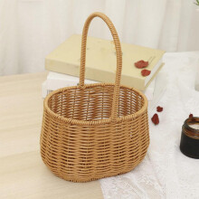Portable Woven Basket with Handle PP Rattan Hand Woven Hamper for Fruits Vegetables Gifts 19.5x15x29cm