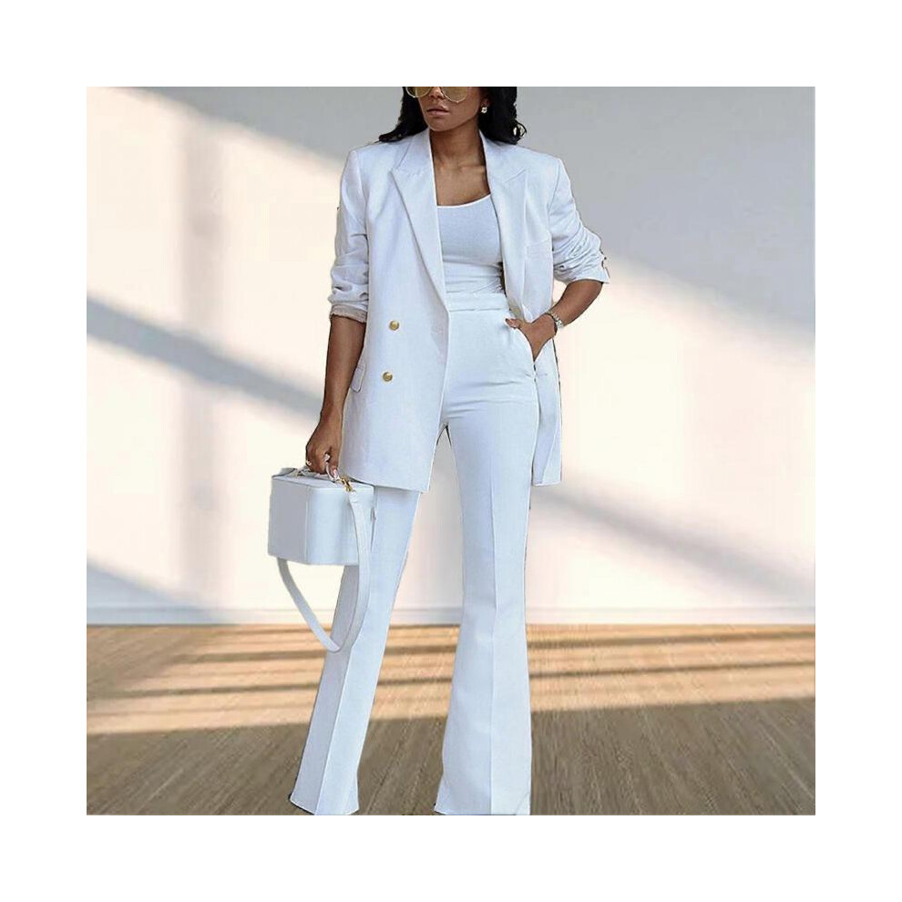 Women 2 Pieces Suit Plain Color Wide Leg Trousers Turn Down Collar 2 Pieces Long Pants Suit for Female White XXL