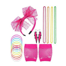 (As show, One size) 80's Lace Headband Neon Earrings Fingerless Fishnet Gloves for 80's Party 5 Piece Set