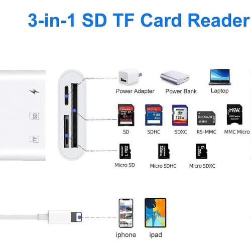 (As show, One size) Sd Card Reader for iPhone iPad - 3 in 1 Memory Card Reader Plug and Play 2