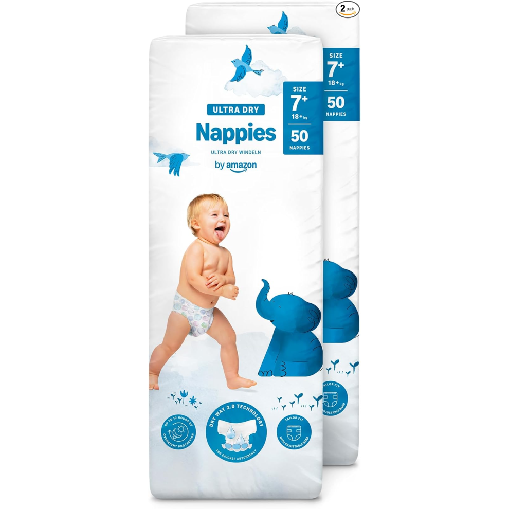Amazon Ultra Dry Nappies + (18Kg+) 100 Pack (2X50) Leak Protection Size 2