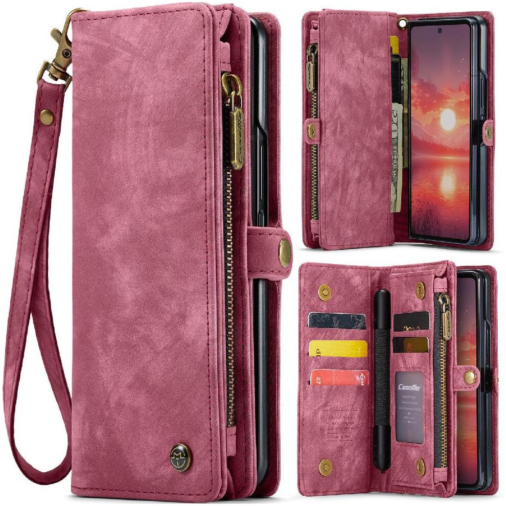 (Red) Case for Samsung Galaxy Z Fold7 5g Detachable Card Holder Strong Magnetic Wallet Cover Trifold with Tpu Pc Handmade Leather Zipper
