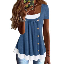 (As show, One size) Blue M 2 in 1 T Shirt Pleated Front Button Trim Loose Fitting Summer Casual Blouse for Women