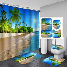 (Green, Floor mat 40X60CM) 4-piece Set Of Coastal Sunny Beach Scenery 3D Printed Shower Curtain Set Base Carpet