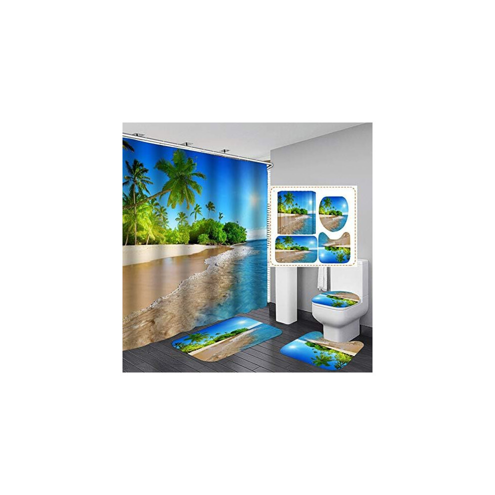Xylfly (Green, Floor Mat 40X60cm) 4-Piece Set Of Coastal Sunny Beach Scenery 3D Printed Shower Curtain Set Base Carpet