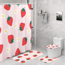 (Sfq-XKSHAS1, Shower curtain 180X180) Cute Plant Flowers Cartoon Bear Children's Fun Bathroom Four-piece Shower Curtain Absorbent Floor Mat