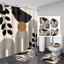 (Multicolor, Shower curtain 180X180) 4pcs Line Patchwork Abstract Pattern Medieval Retro Waterproof Shower Curtain Bathroom Absorbent Bath Mat