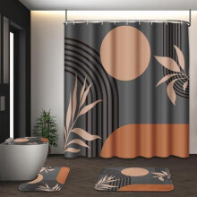 (Boho Grey Background, Four-piece set) Medieval Shower Curtain Set With Toilet Lid Carpet Abstract Sun Mountain Plants 4 Pieces Modern Bathroom Shower Curtain