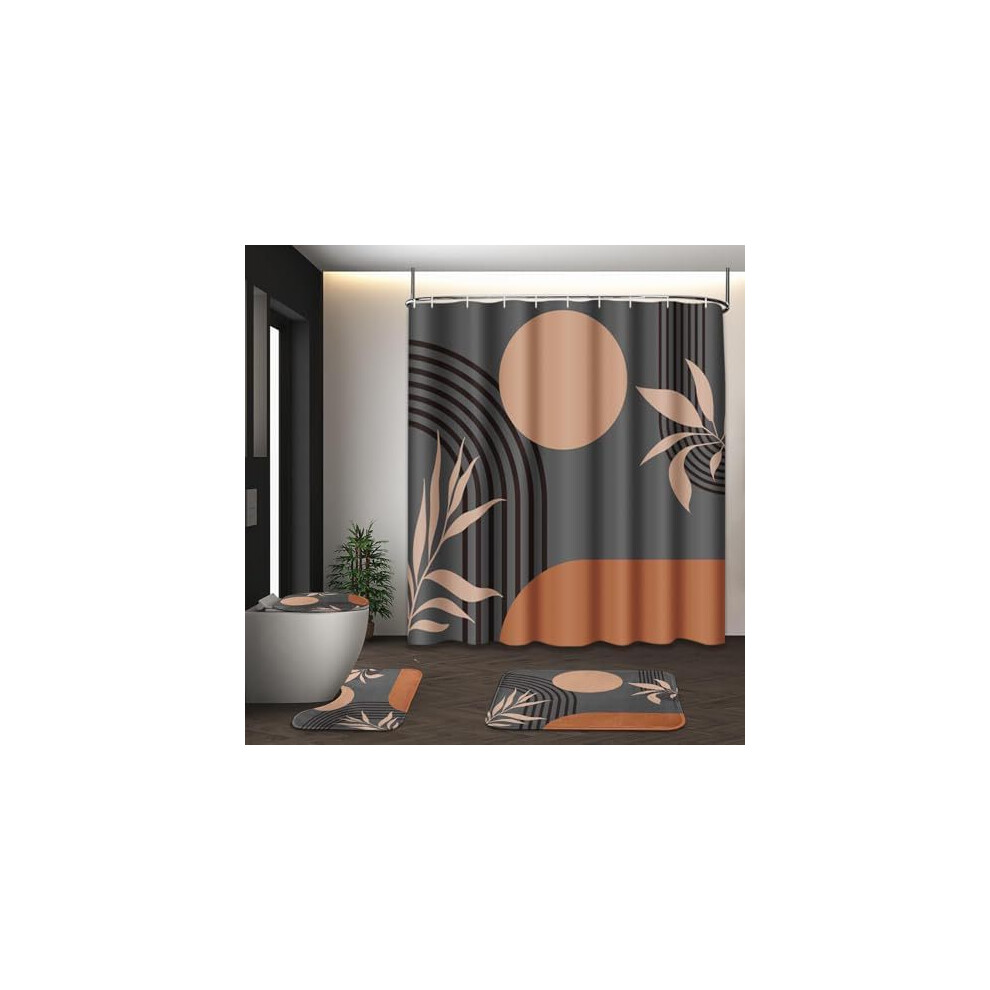 Xylfly (Boho Grey Background, Four-Piece Set) Medieval Shower Curtain Set With Toilet Lid Carpet Abstract Sun Mountain Plants 4 Pieces Modern Bathroom Shower